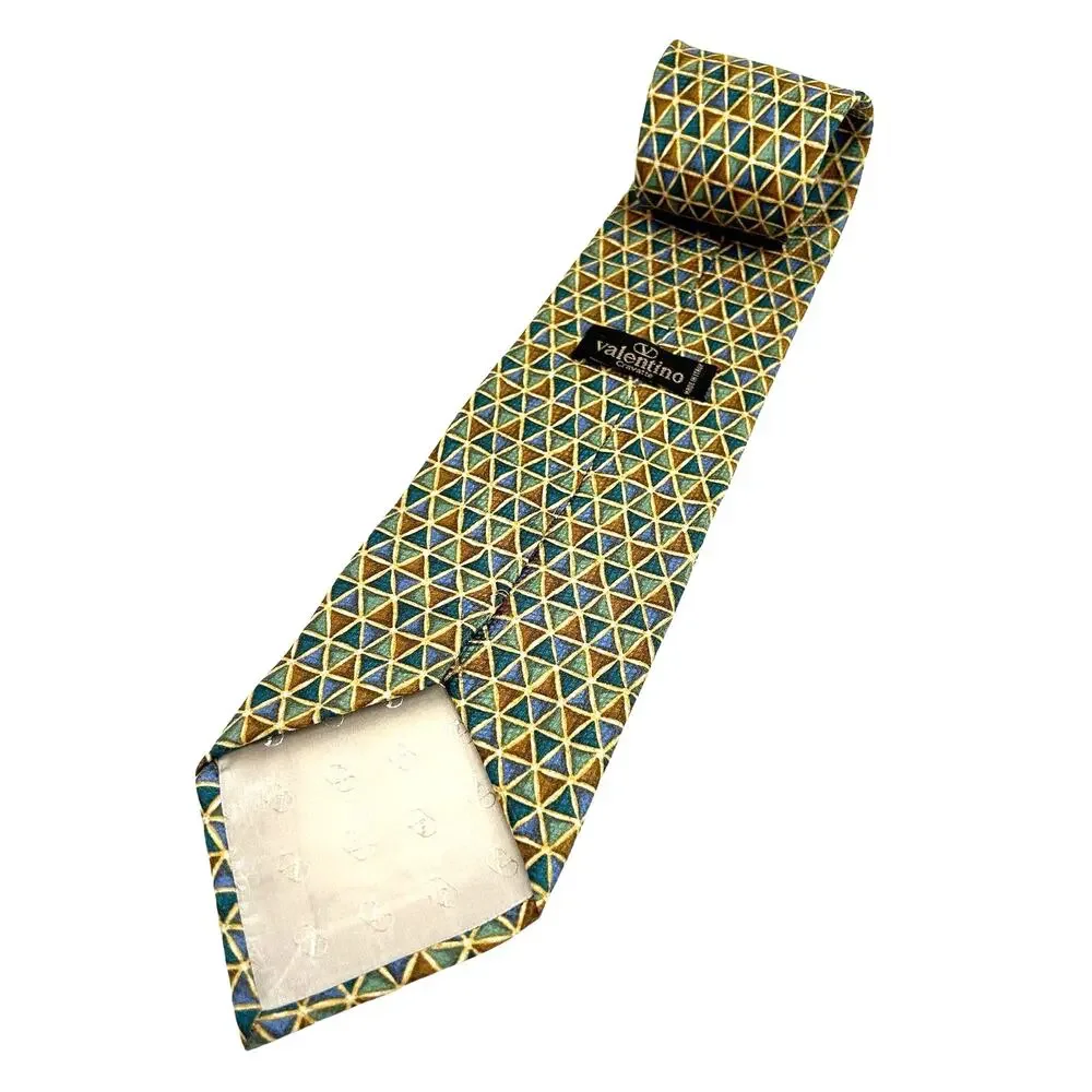 Vintage Valentino Cravatte Necktie Men's Gold Blue Geometric Silk Italy 1990s